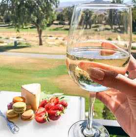 A hand holding a glass of white wine with a golf course in the background